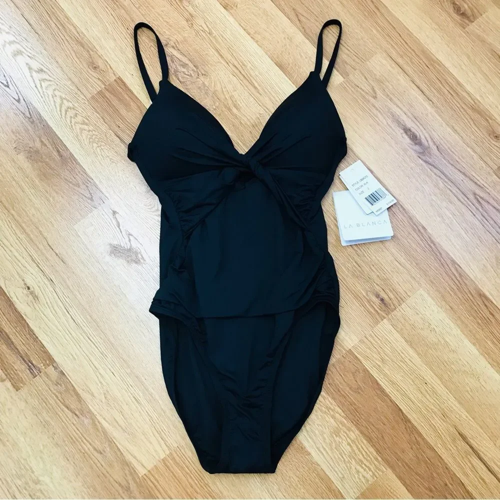 LA BLANCA Classic Black Ruched One Piece Swimsuit Cutout Twist Front Size‎ 2 New